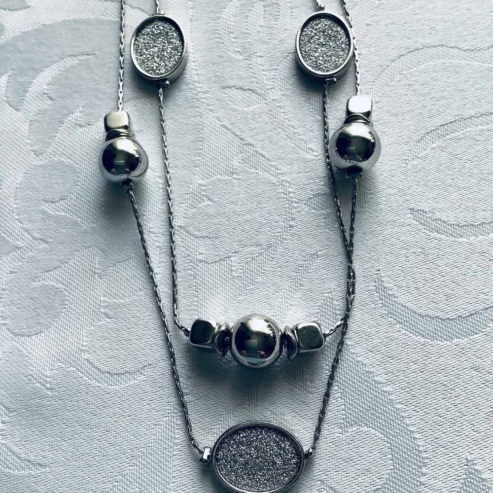 Illusion Double layered Silver 38” sparkling silver druzy Necklace - Picture 1 of 7